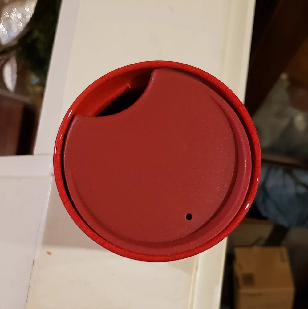 Starbucks 2021 Holiday Burgundy and Red Striped Ceramic Tumbler W/ Plastic Lid